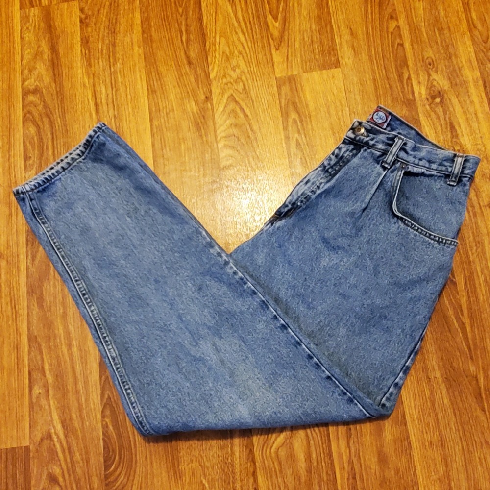 Vintage 90s Bugle Boy Jeans Men 36x32 Blue Gold Crest Denim Baggy Fit‎